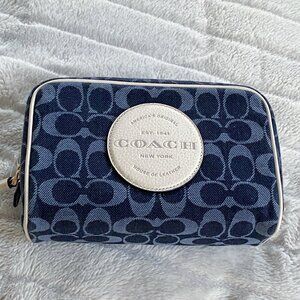 Coach Denim Signature Cosmetic Bag Wristlet Blue Makeup Pouch Travel Case